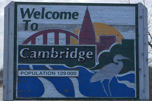 A welcome sign for Cambridge, ON
